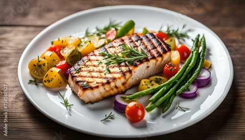 Grilled fish fillet steak with herb and vegetables on plate
