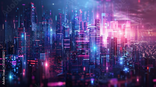 cityscape with space and neon light effect. Modern hi-tech, science, futuristic technology concept. Abstract digital high tech city design for banner background