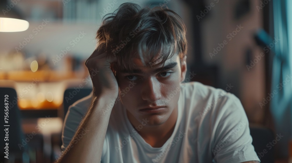Fototapeta premium Depression and mental illness. man disappoint, sad after receive bad news. Stressed boy confused with unhappy problem, arguing with girlfriend, cry and worry about unexpected work, down economy.