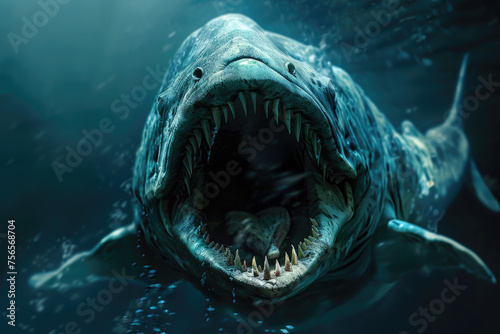 Sea monster open its mouth with teeth, fantasy underwater creature