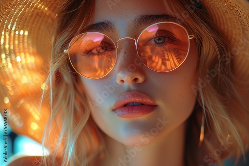 Close-up of a woman with sunglasses reflecting a warm light, giving a fashionable and edgy look