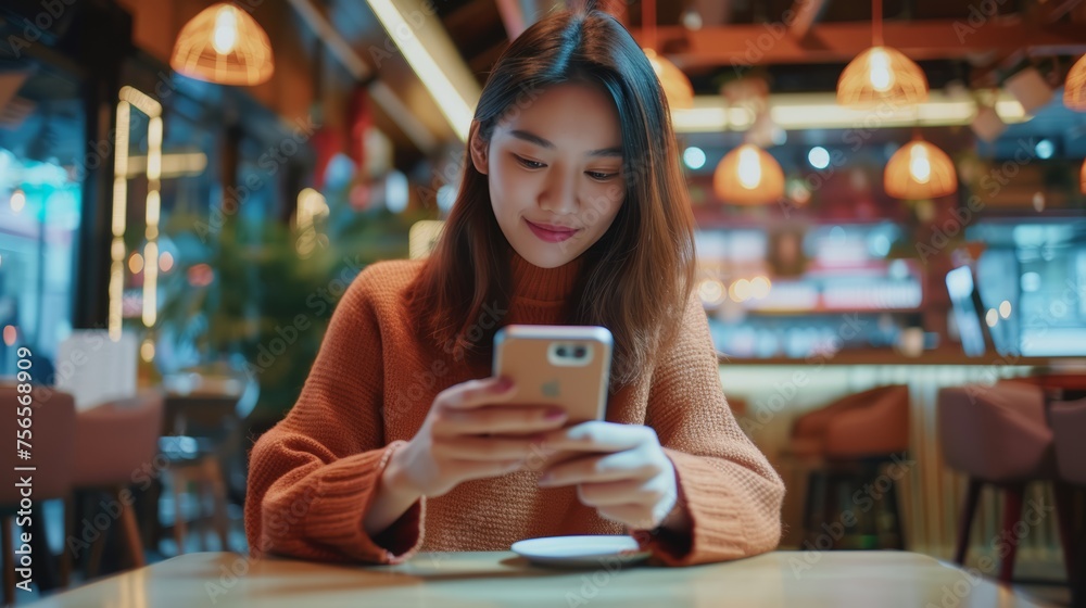 Woman use smartphone to scan QR code for order menu in cafe restaurant with a digital delivery. Choose menu and order accumulate discount. E wallet, technology, pay online, credit card, bank app. Woman use smartphone to scan QR code for order menu in cafe restaurant with a digital delivery. Choose menu and order accumulate discount. E wallet, technology, pay online, credit card, bank app.