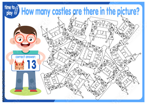 Count how many castles are hidden in the picture. How many objects are there in the picture? Educational game for children. Colorful cartoon characters. Funny vector illustration.