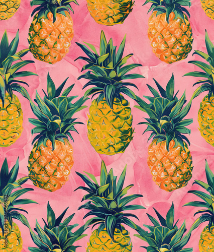 Seamless background with pineapples on pink background 