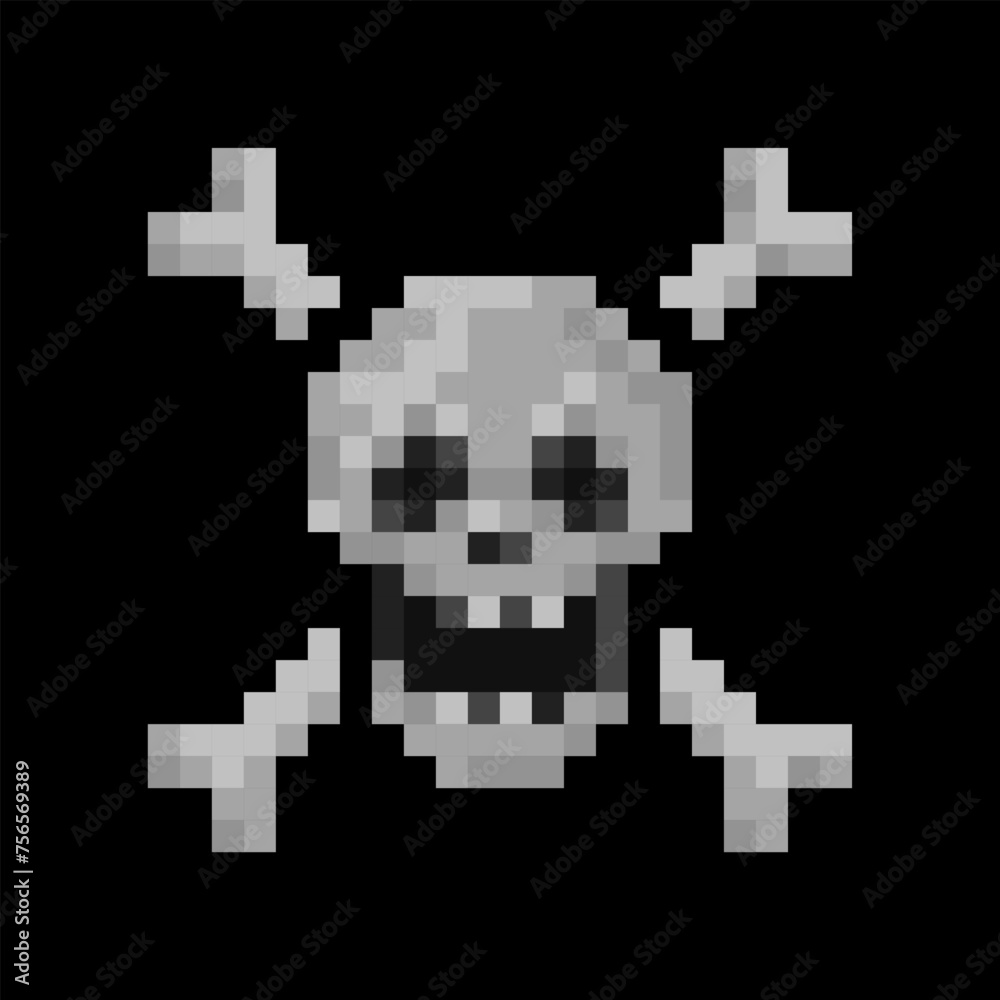 Skull crossbones pixel art icon, vector illustration. Design for stickers or prints, logo, web and mobile app. Skull crossbones pixel art icon, vector illustration. Design for stickers or prints, logo, web and mobile app.