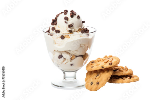 Yogurt ice cream with chocolate chips, cookies and peanut butter served with an ice cream cone. Isolated on a transparent background. photo