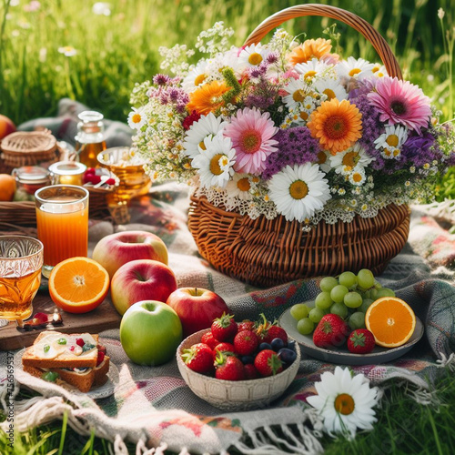 Picnic on the grass with juice fruit and bouquet of wild flowers as concept of healthy food, Close up of picnic basket with food, fruits and flower on the yellow cover on the green grass, GENERATIVE

