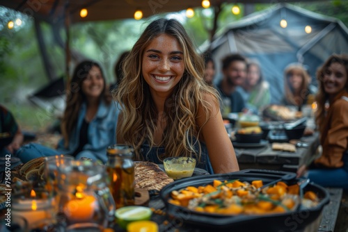 A young woman with a radiant smile sits at a table during an outdoor dinner party with friends, with food and drinks