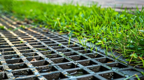 Contrast of Nature and Industry: Grass Growing through a Metal Grid. Generative ai
