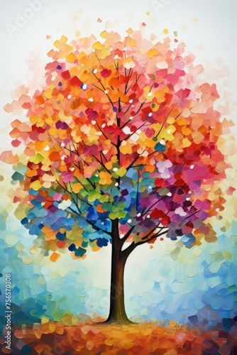 Autumn Tree with Colorful Leaves. Oil Painting Brush Stock Illustration Art, Abstract Watercolor Landscape background.