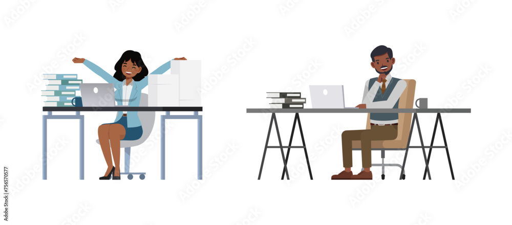 Set of Businessman and businesswoman character vector design. Indian people thinking and working illustration. Presentation in various action.