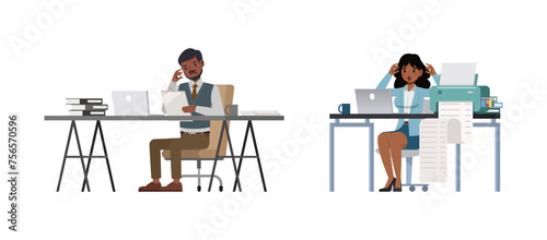 Set of Businessman and businesswoman character vector design. Indian people thinking and working in office illustration. Presentation in various action.