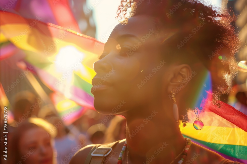 editorial photo, a 20 year old black lesbian, looking into the distance at pride festival. editorial photo, a 20 year old black lesbian, looking into the distance at pride festival.