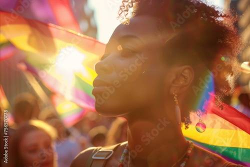 editorial photo, a 20 year old black lesbian, looking into the distance at pride festival.  © Dara
