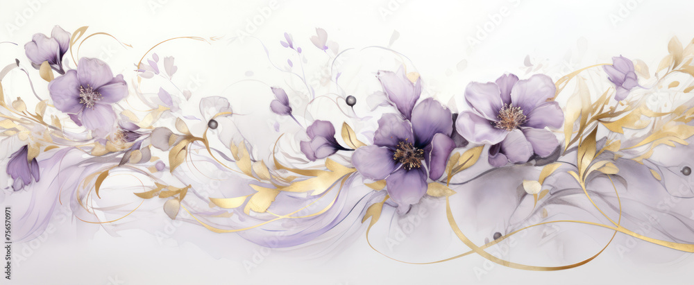 Watercolor hand painted background with purple flowers and golden decor elements.