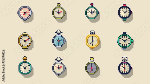 (12) pixel art, retro style whimsical stopwatch icons in pastel colors, adding a playful touch to designs.