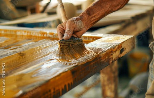 Carpenter Applying Varnish to Wooden Surface. Generative ai