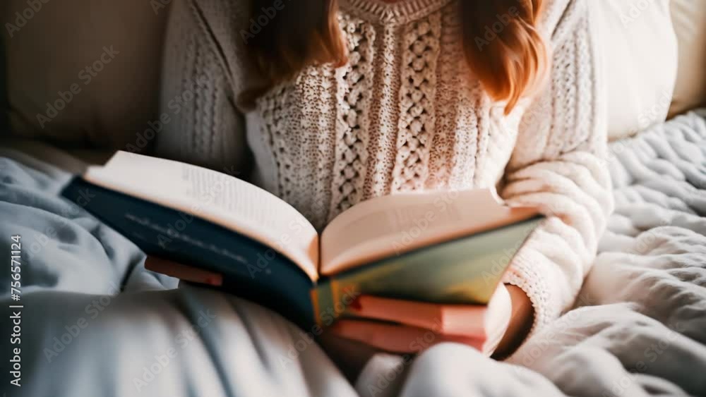 close up young girl in white cardigan reading opened book, knowledge and kid reading concept