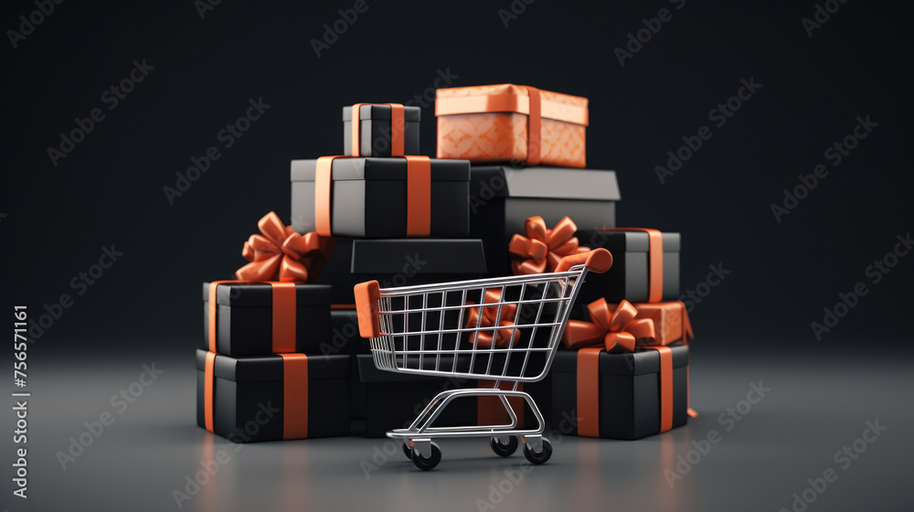 Present boxes holiday background with copy space. Gifts in shopping cart