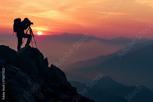 silhouette of a photographer taking a landscape photo from mountaintop at sunset (1)