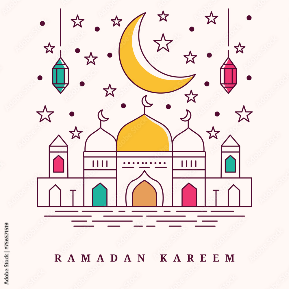 Ramadan Kareem Line Art background design template suitable for Ramadan posters, Islamic backgrounds, Eid Mubarak, Eid al-Fitr, Eid al-Adha, etc.