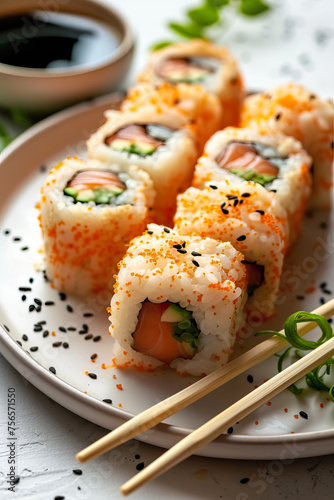 close up of homemade japanese maki salmon avocado sushi food styling plate in natural daylight setting in magazine editorial studio setting