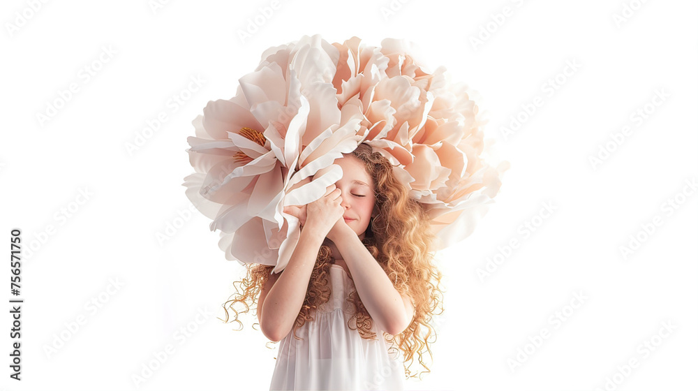 A girl on a white background holds a huge flower in her hands
A girl on a white background holds a huge flower in her hands