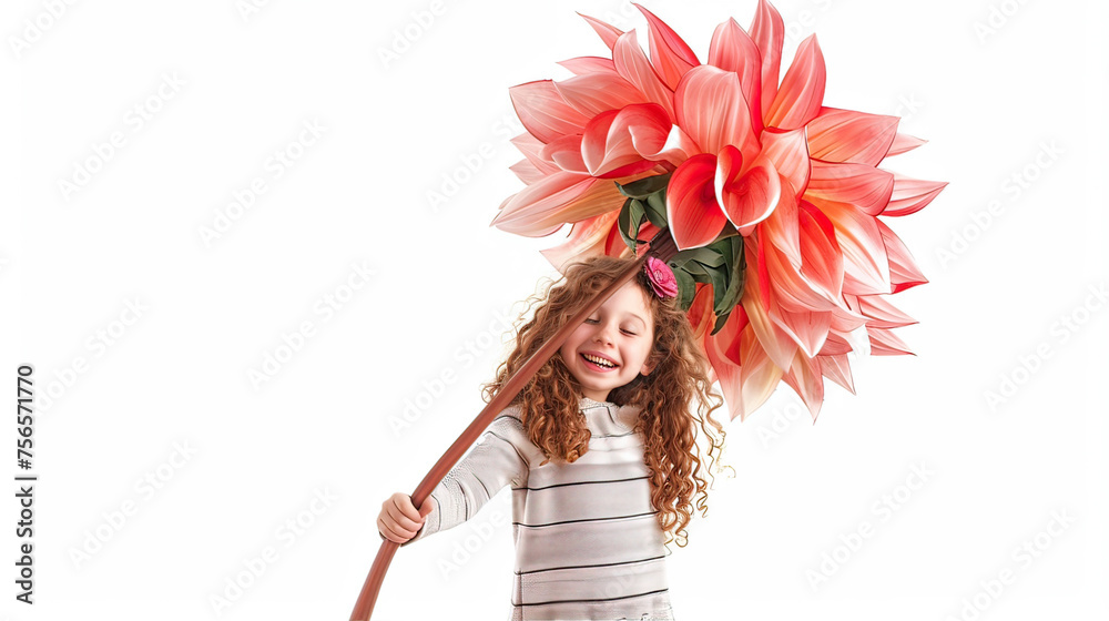 A girl on a white background holds a huge flower in her hands
A girl on a white background holds a huge flower in her hands