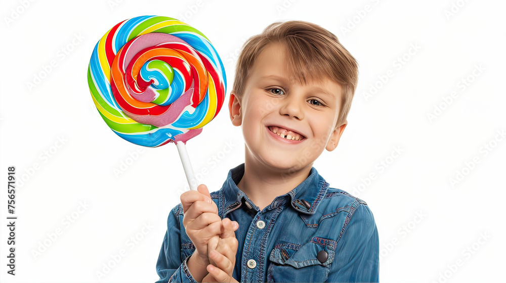 A boy with a huge lollipop in his hands on a white background.
