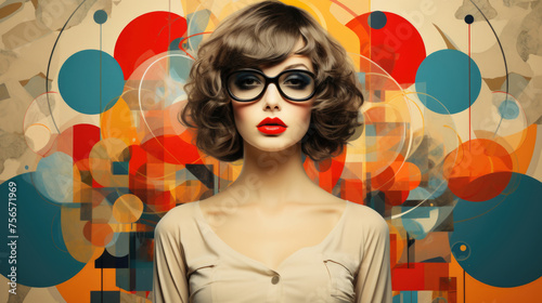 Retro collage with woman in Pop art vintage style, bright abstract background
