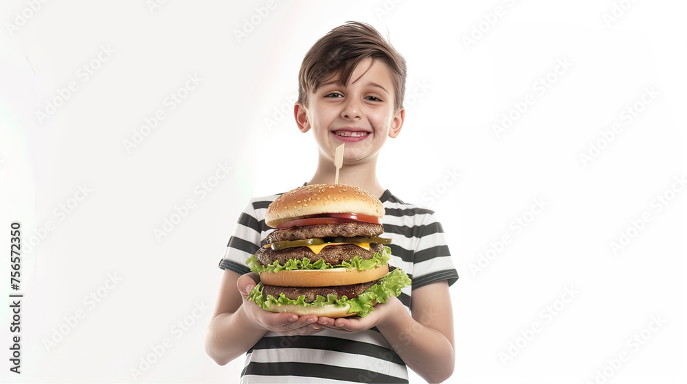A boy on a white background holds a huge burger in his hands
A boy on a white background holds a huge burger in his hands