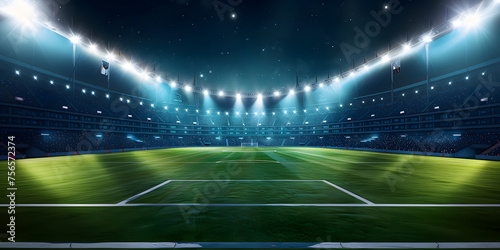 Modern large football stadium with green lawn and blue floodlight  stadium background illustration at night