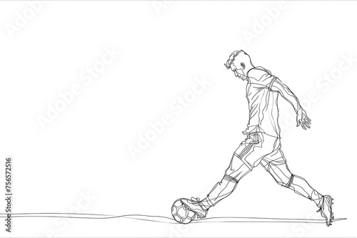 illustration of a soccer player dribbling the ball drawn in black line on a white background, soccer background image with place for text