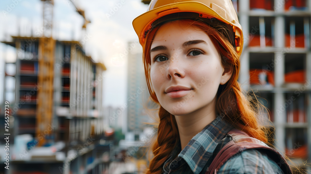 Portrait of a young construction worker woman with a safety helmet with buildings under construction be seen in the background with copy space Portrait of a young construction worker woman with a safety helmet with buildings under construction be seen in the background with copy space