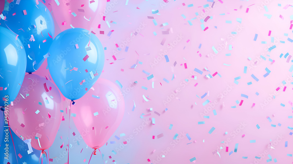 Pink and blue balloons and confetti background with copy space Pink and blue balloons and confetti background with copy space