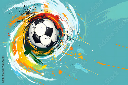 illustration of a soccer ball on a background of colored splashes of spots and stripes in a flat style, ball on a blue background with space for text