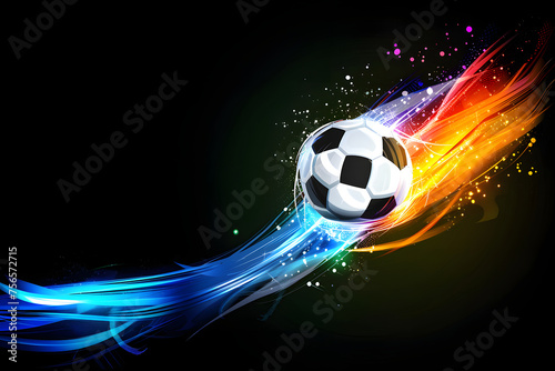 illustration of a soccer ball on a background of colored splashes of spots and stripes in a flat style, ball on a black background with space for text © Svitlana Sylenko
