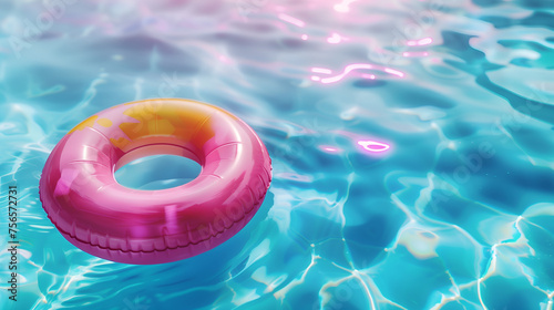 Summer holidays background with a float in a swimming pool with bright pink, blue, and yellow colors, poolside relaxation