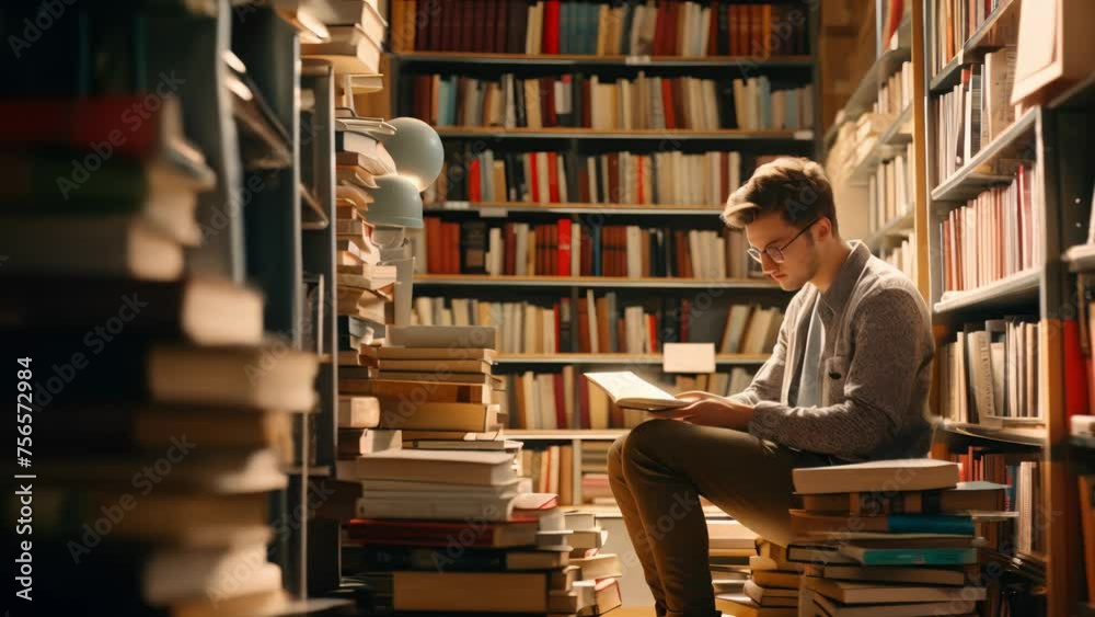 Smart creative man student holding book sitting on floor among bookshelves in modern university campus library Smart creative man student holding book sitting on floor among bookshelves in modern university campus library
