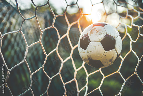 A soccer ball hits a goal with a net on a blurred background, illustration of a background with a soccer ball with space for text, successful kick © Svitlana Sylenko