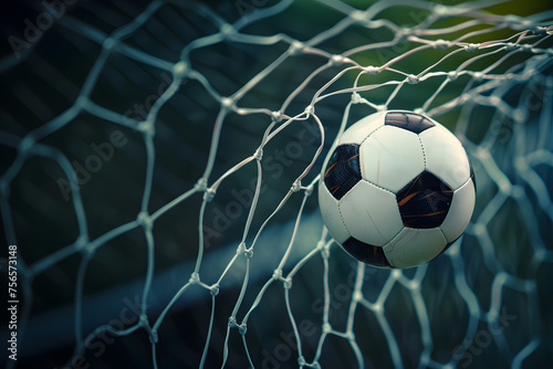 A soccer ball hits a goal with a net on a blurred background, illustration of a background with a soccer ball with space for text, successful kick