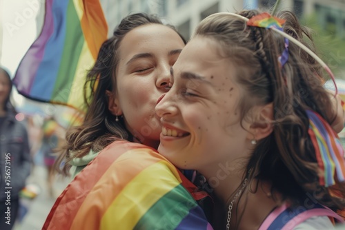 Happy woman kissing girl enclose with rainbow flag wearing on city street during LGBTQ Pride parade