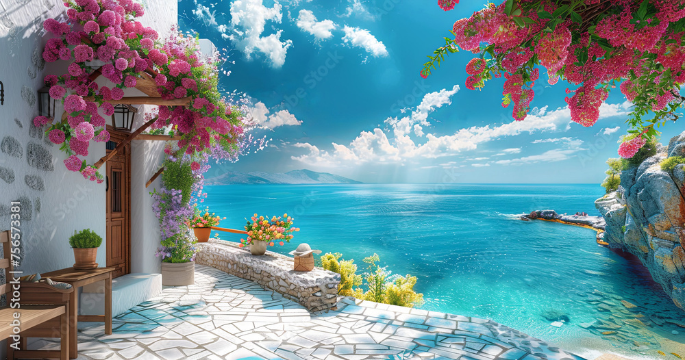 A picturesque seaside view from a stone patio adorned with vibrant flowers, overlooking the serene blue ocean under a sunny sky. An idyllic summer paradise.