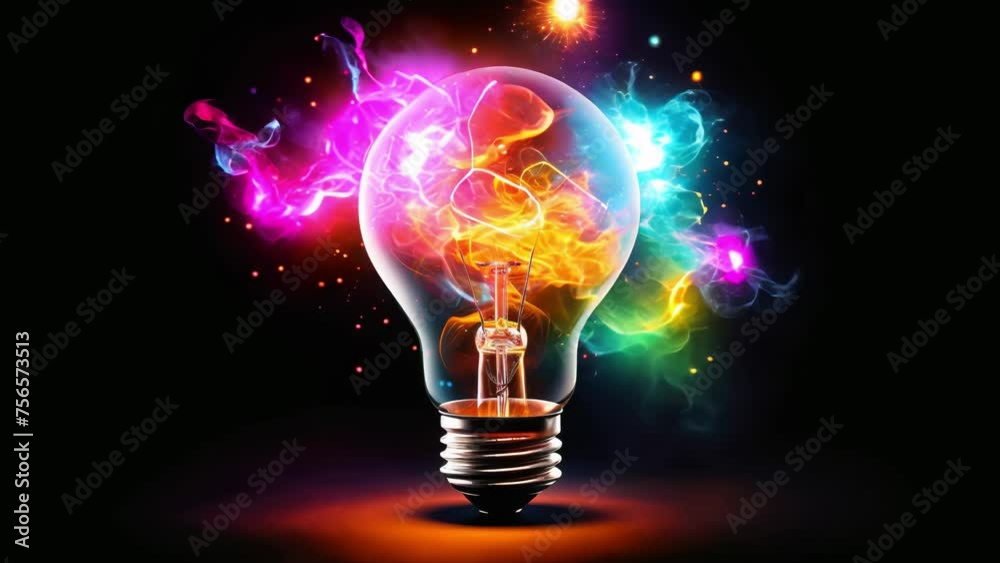 lightbulb Idea concept with colorful liquid of splashing Unique Creative idea on black background, 