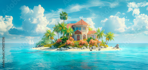 A luxurious villa on a private island, surrounded by the serene ocean, adorned with lush greenery and vibrant flowers under a clear blue sky with clouds.