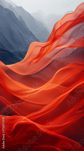 Red Silk Waves Over Mountainous Landscape