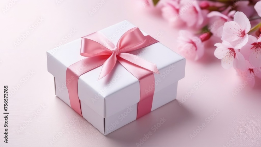 White gift box with pink satin ribbon and bow, on a pink background White gift box with pink satin ribbon and bow, on a pink background