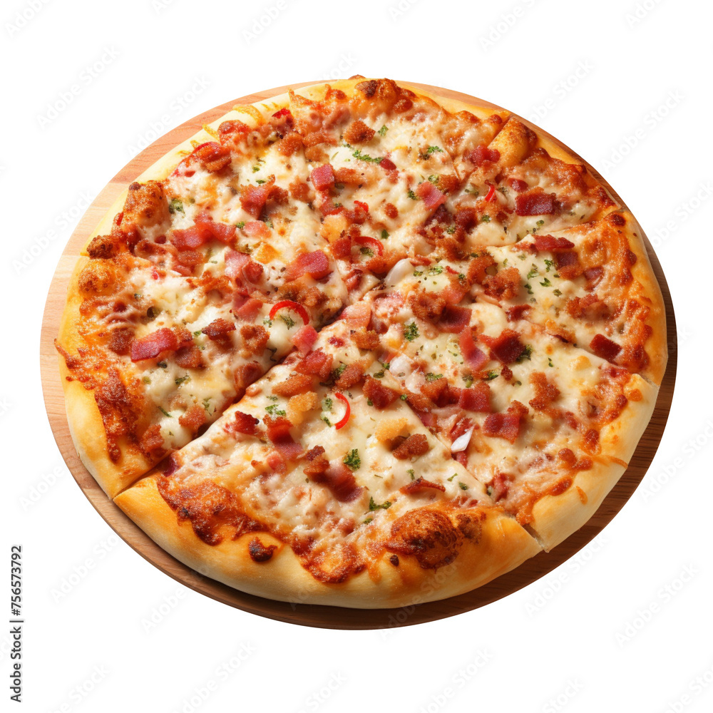 Big pizza with bacon isolated on transparent background
