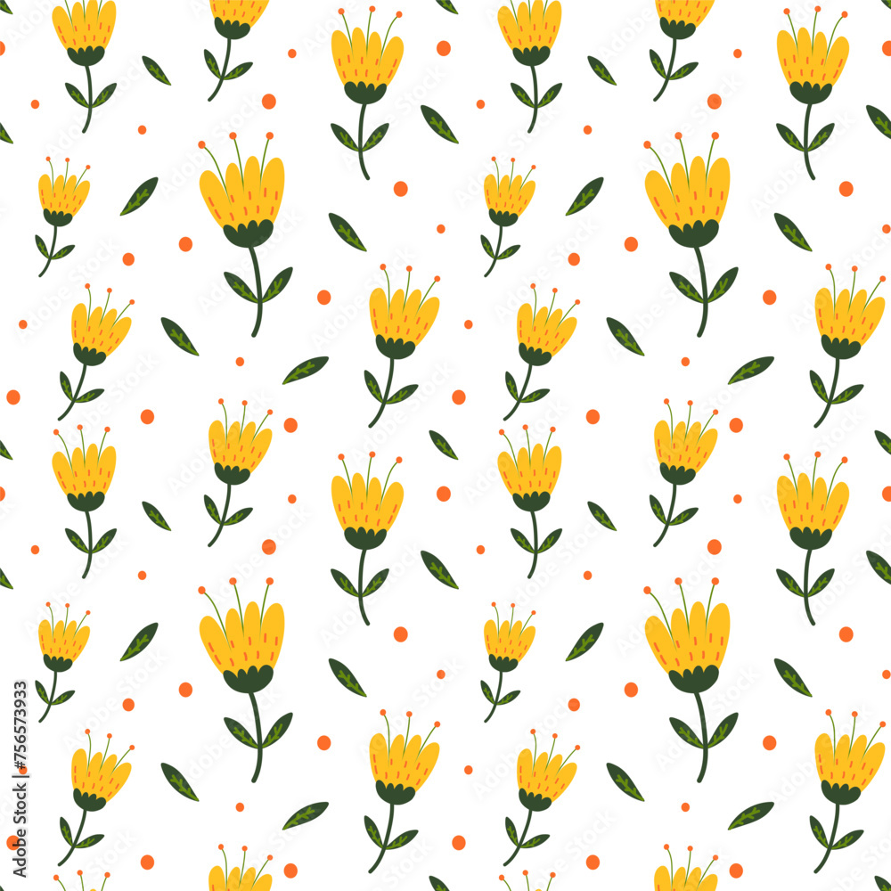 Spring colorful vector illustration with yellow tulips. Design for fabric, textile, paper. Holiday print for Easter, Birthday, 8 March. Flowers with leaves.