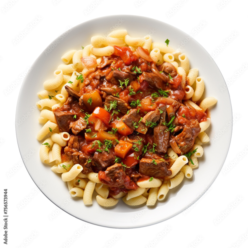 Goulash on a white plate top view isolated on transparent background Goulash on a white plate top view isolated on transparent background